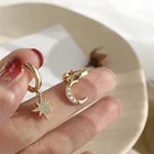 Women Latest Style Stainless Steel Moon Star Pendent Hoop Earrings Asymmetric Clip-on Earrings stars for girls