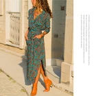 SSTAYING Women Casual V-neck Shirt Collar Long Sleeve Sash Floral Print Stripe Summer Bohemian Beach Party Long Maxi Dress