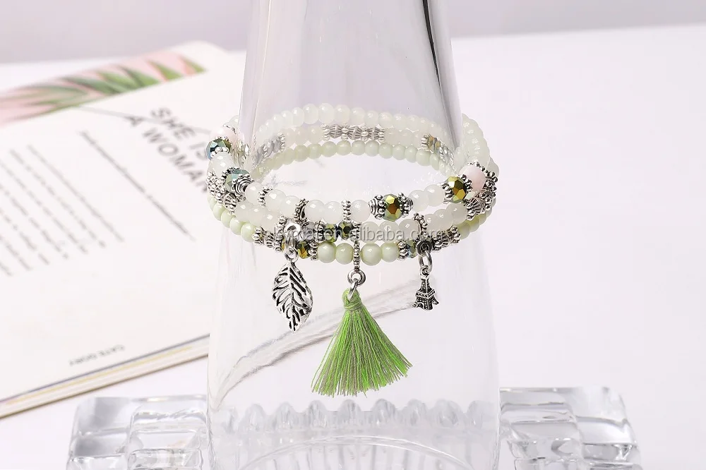 Triple Stacking Glass Beaded Nature Amazon Gemstone With light green Tassel Charm Bracelet