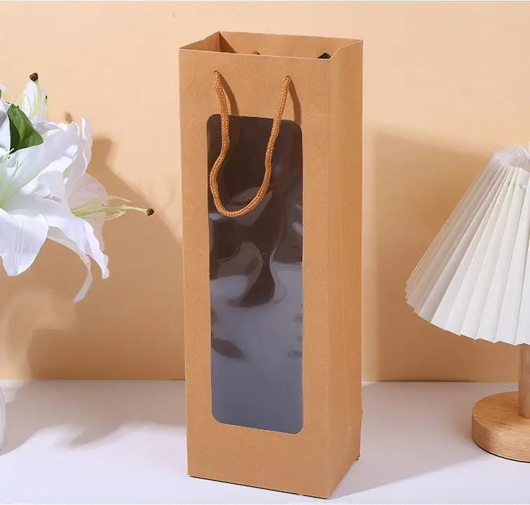 Durable luxury single wine bottle gift bag with art paper transparent window Durable luxury single wine bottle gift bag with art paper transparent window