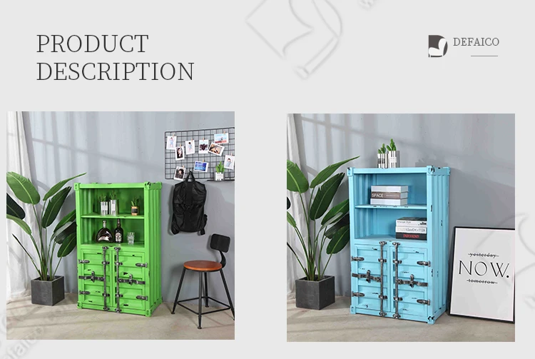 High Vintage Drop Shipping Container Design Double Door Storage Distressed Metal Cabinet/Bookshelf