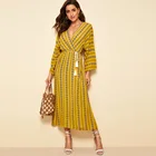 Fashion women tassel belt dresses deep V-neck maxi argyle stripe long sleeve bohemian dress