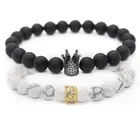 2020 Fashion Jewelry Black Agate Lock Lava Howlite CZ Crystal Crown Queen 8mm Beads Elastic Couple Bracelet