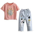 Mudkingdom Denim Pants Toddler Clothing Set Short Sleeve T Shirt Baby Girl Outfit Sets