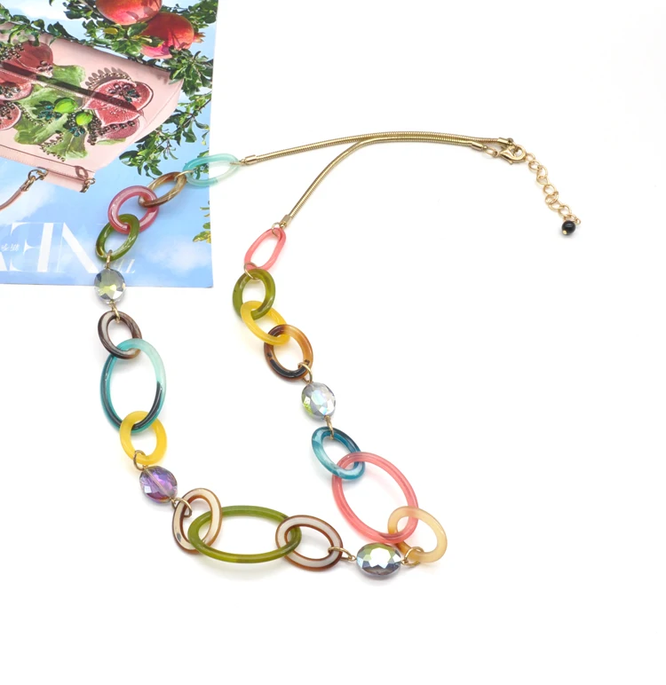 2021 colorful rainbow acrylic jewelry for party gift casual stainless steel gold filled snake chain necklace