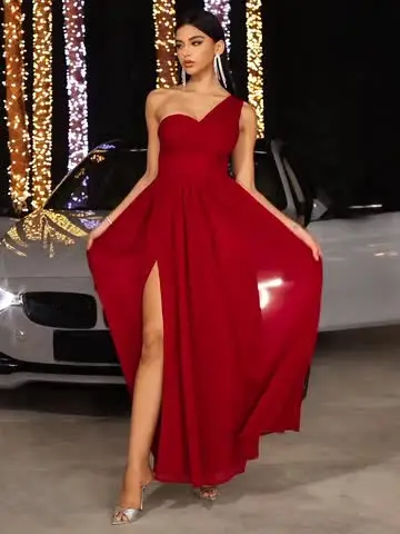 D&M Luxury Elegant red Satin Maxi Dress One Shoulder Corset Slit High Waist Long Dresses Women Party ball Sexy Evening Dresses