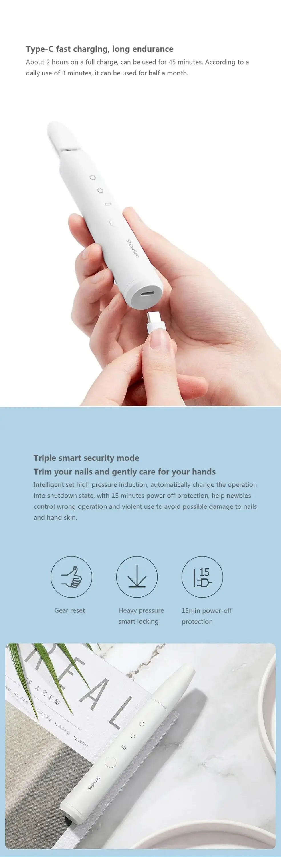 Youpin Showsee Electric Nail Trimmer Nail Clipper Rechargeable Foot Hand Nail Polisher Grinder Manicure Grinding Polishing Tool