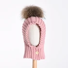 KAZUFUR Acrylic SKI Face Mask Beanie Hat Kids Children Knitted Hats With Fur Pom Poms