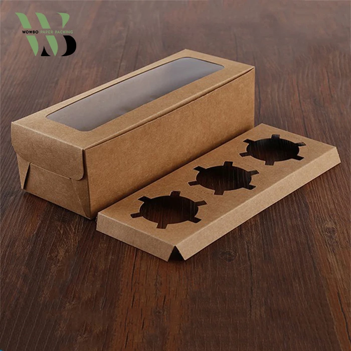 brown kraft paper clear window 3 pieces cupcake packing box with