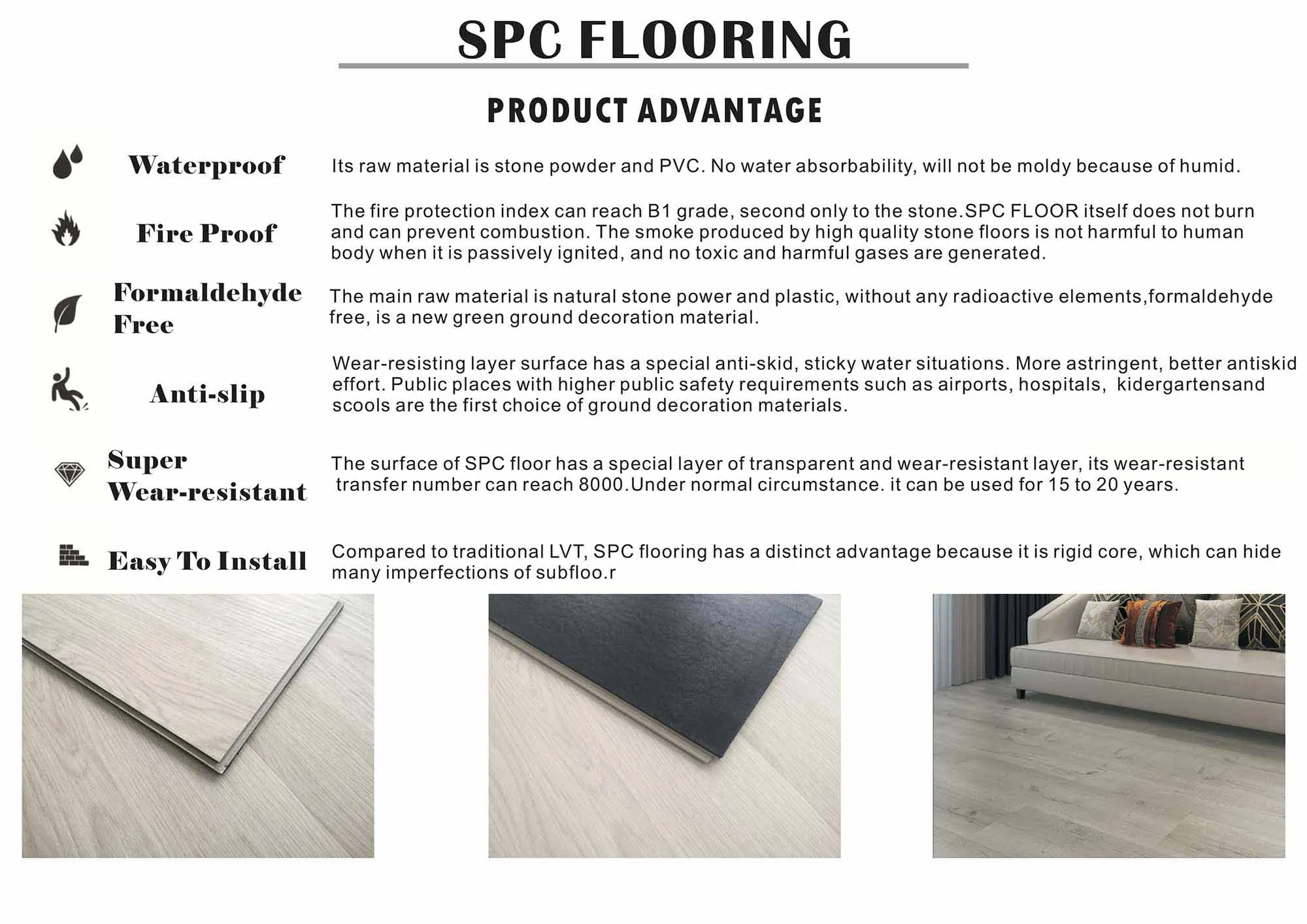 100% environmentally Hot Sale Waterproof Fireproof SPC click flooring