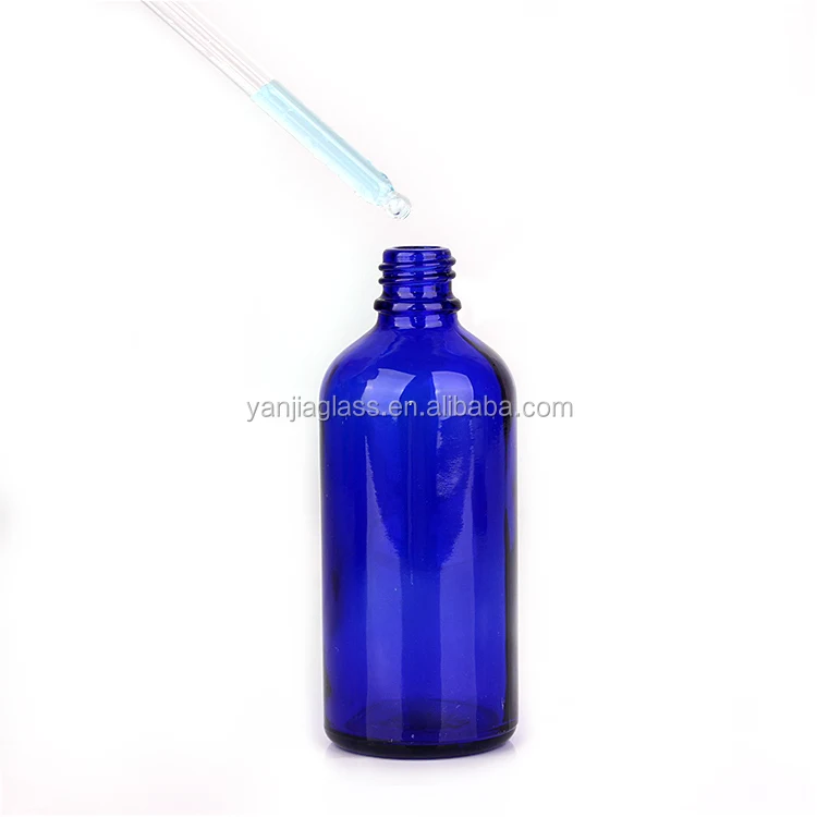 full size 15ml 30ml 50ml 100ml blue color Glass Essential Oil dropper bottle with silver lid