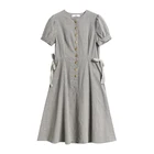 Cute women plaid vintage lady summer dress with bubble sleeve