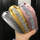 卸売エレガントな女性の韓国ヘアアクセサリーポリエステル生地ワイドクロスツイストクリスタルヘアバンド女性のための