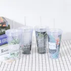 プロモーション卸売二重壁ハードペーパーインサート再利用可能な飲用カップストロー16ozプラスチックカップストローと蓋