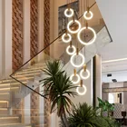 Hotel Acrylic Rings Fixtures Stair Lighting Wood hanging Modern LED Chandelier Ceiling Nordic Living Room Pendant Lamps