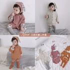 3354/Fashion cotton girls baby winter boutique clothing kids stripe sets coat shorts rabbit ears hat three piece
