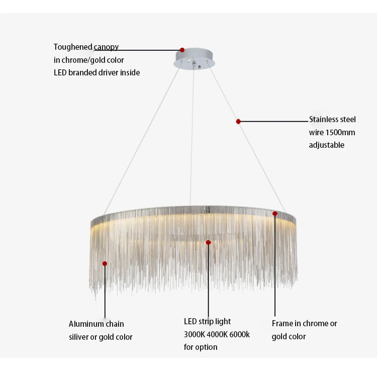 Factory price post modern gold silver Aluminum chain tassels hanging home decor pendant light