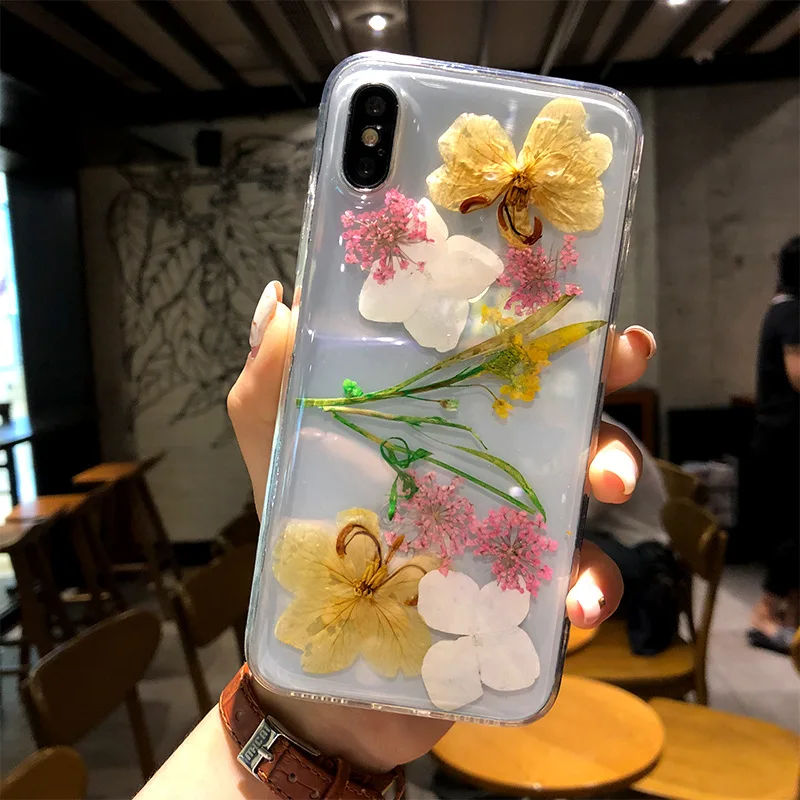 Shockproof Mobile Accessories  Epoxy 3D Dry Dried Real Flower Acrylic Back Phone cover Case