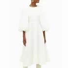 Fashion Solid White Cut-out Balloon-sleeve Hemp Midi Dress Women Ladies Long Casual Dress