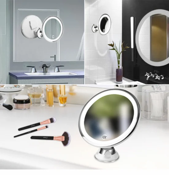 Flexible Gooseneck 10x Magnifying Mirror Bathroom Suction Cup Led Vanity Makeup mirror With LED Lights