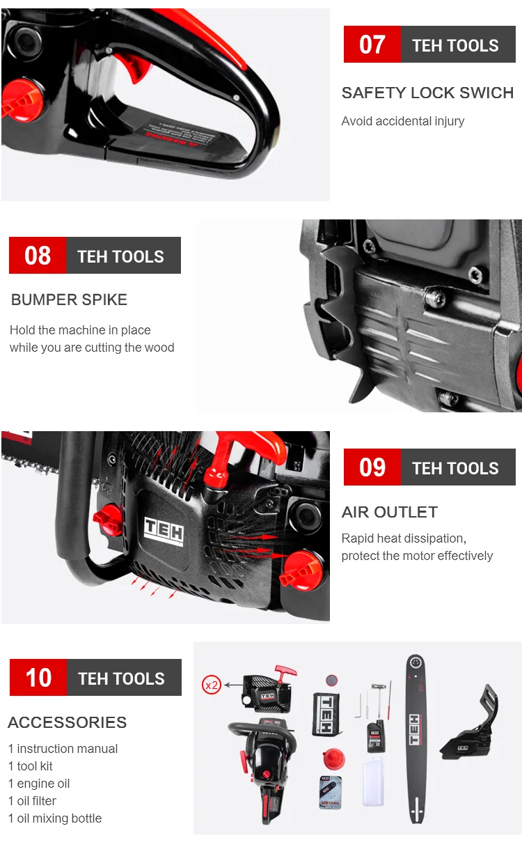 中国工厂单缸新款油锯汽油动力链锯