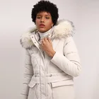 Adjustable waist rope padded white women winter down coats with fur hood
