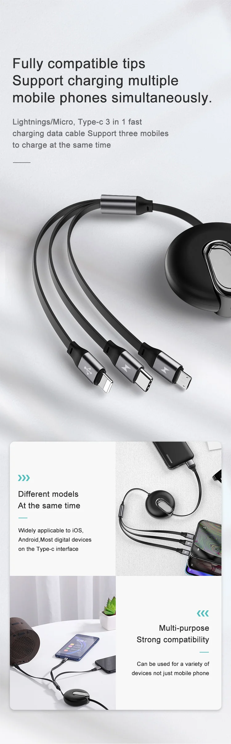 New Design 3 in 1 Data Usb Mobile Phone Charging Retractable Cable - ANKUX.COM