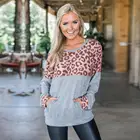 Patchwork Loose Blouse Autumn Women's Casual Ladies Long Sleeve Blouses Round Collar Pocket Women Leopard Blouse