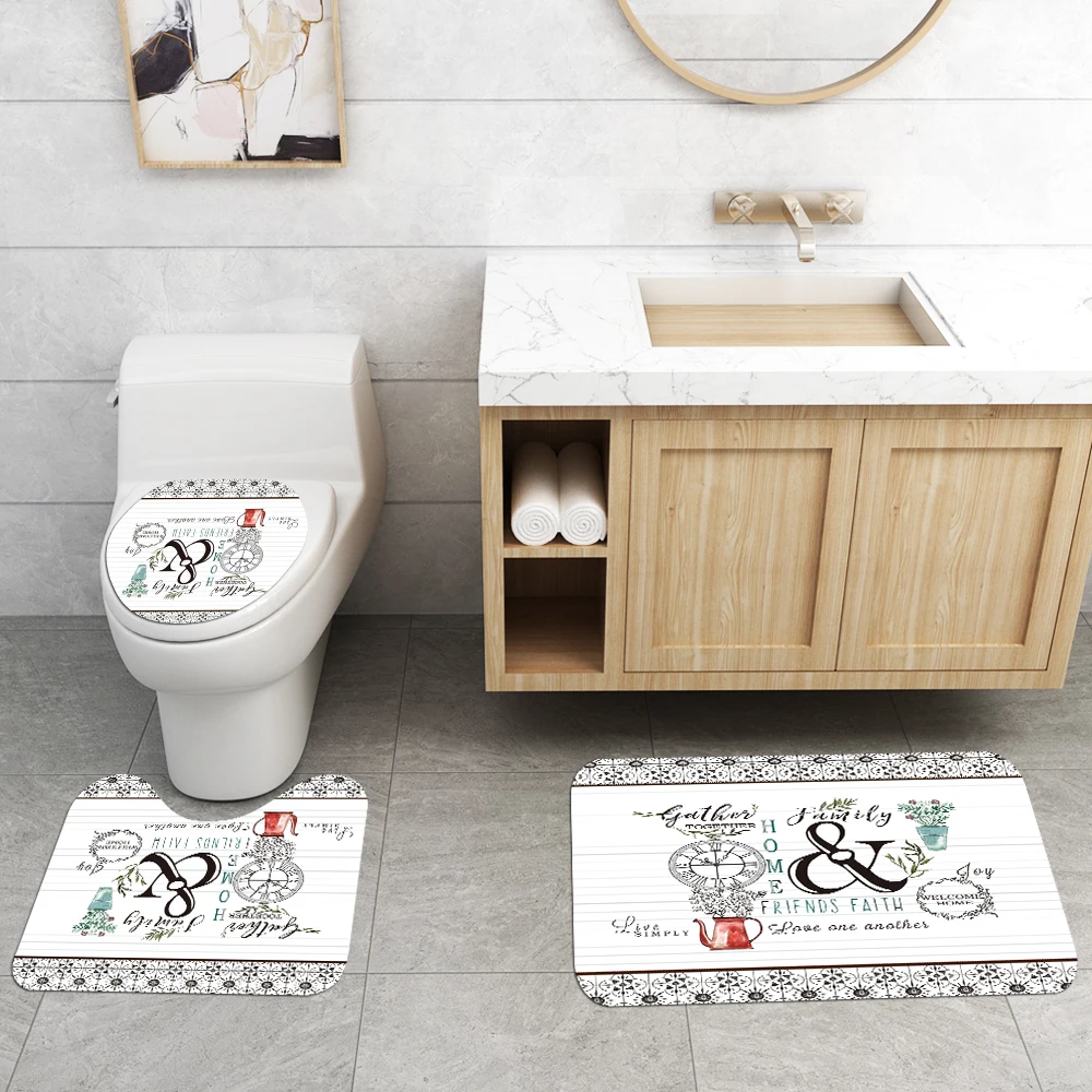 Fashion Style Anti Slip Bathroom Rug 4 Piece Set Custom print Shower curtain