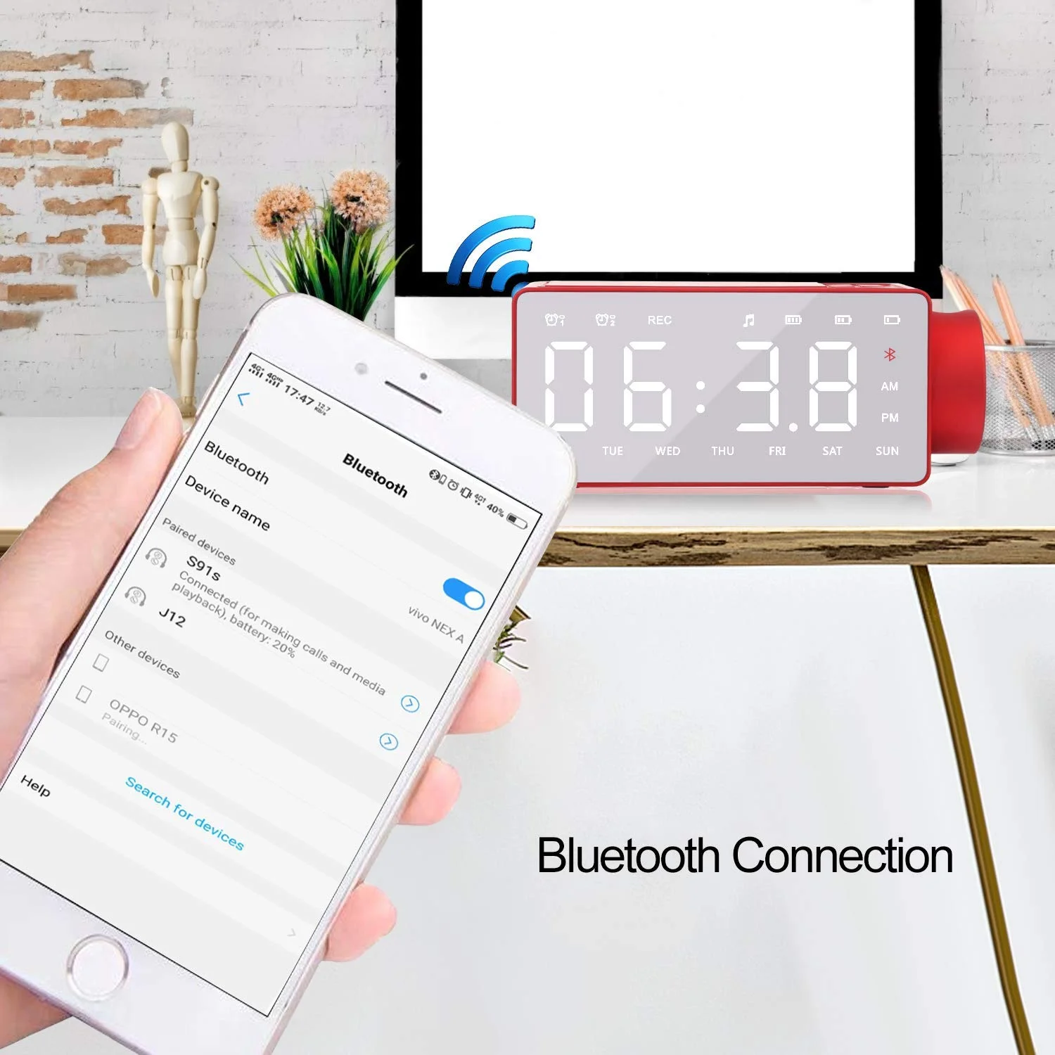 S91S Projection Alarm Clock Bluetooth Speaker with Wireless Charging FM Radio AUX TF Card Input - ANKUX.COM