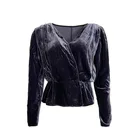Tops Silk Women Blouses Tops Shirt Fashionable Vintage Silk Velvet Slim V-neck Long Sleeve Blouse