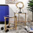 Modern Living room furniture gold Metal legs round Mirror top Nested Set End Coffee Table