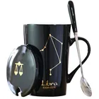 New Bone China 12 Constellation Black Ceramic Mug With Spoon Cover Ceramic Cup