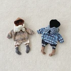 Winter infant retro plaid double layer plush thickened hooded sweater jumpsuit baby romper 3984