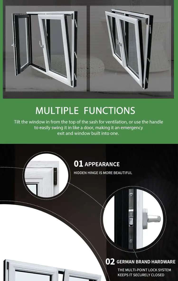 YY construction Aluminium Tilt and Turn Windows Two Open Way with Energy Efficient Glass