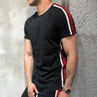 Latest Design Cheap Mens black premium quality t shirts with white red stripe