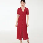 Red polka-dot calf length short sleeve Women dress