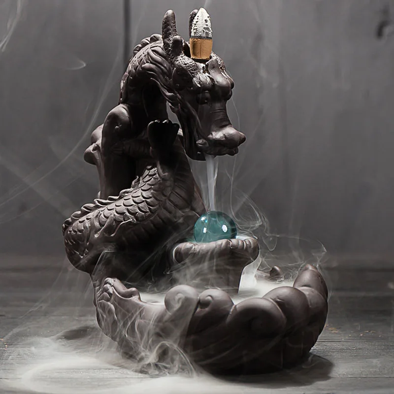 Ywbeyond Ceramic Backflow Dragon Incense Burner Home Decor Dragon Burner Censer With Crystal Ball Waterfall Incense Holder