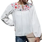 Blouses For Women Fashion Casual Long Puff Sleeve Tie Neck Floral Print Block Color White Tops Blouses For Women