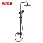 Triple function matt black wall mounted brass shower faucet system set with hand spray