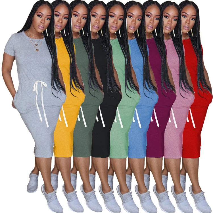 

2021 Best Design Basic tyle hort leeve olid Color Drawstring Women Dress Pockets Fashion ummer Casual Midi Dress,2 Pieces, Pink,yellow,red,gray,green,black,fuchsia,blue,light blue,light green