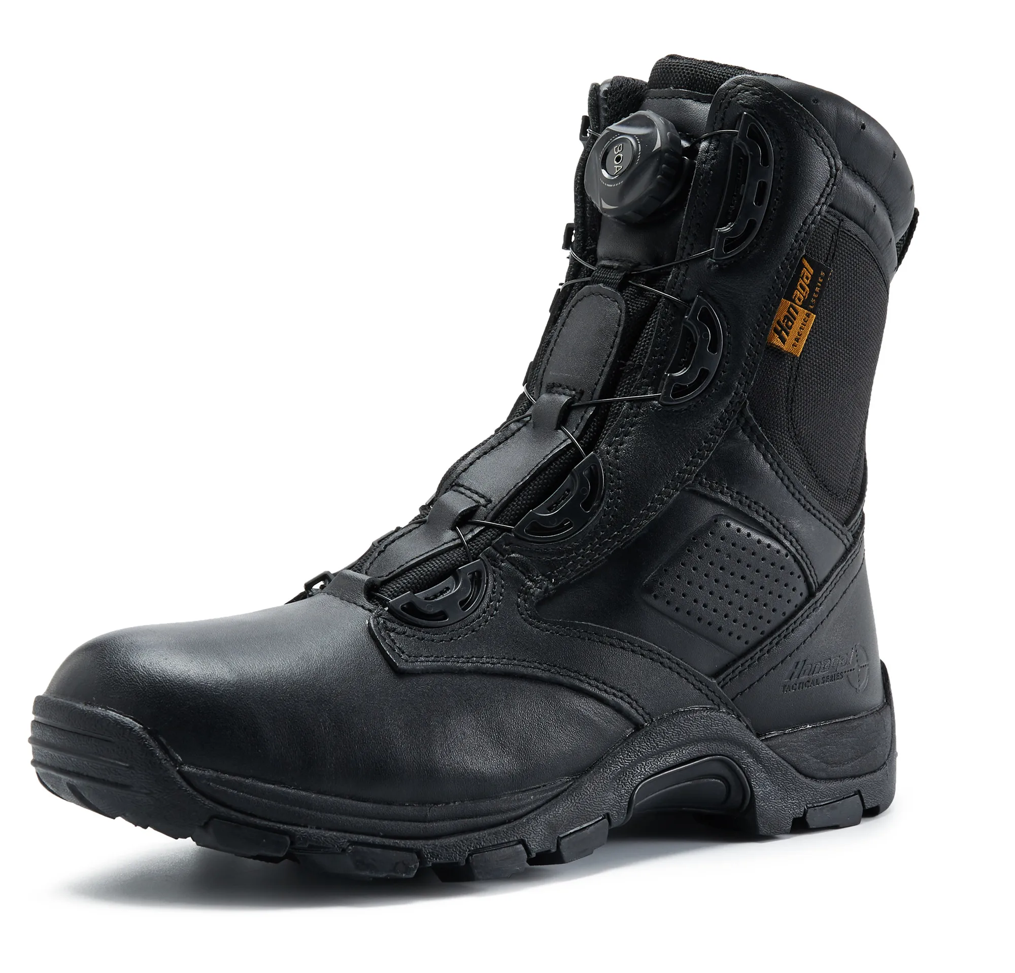 8 "黑色全粒面皮革军事军靴以及快速关闭系统和防水膜