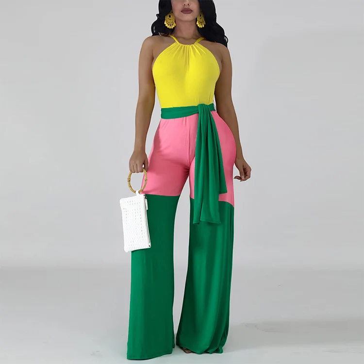 In Stock 2019 Sexy Hang Neck Design Sleeveless 3 Color Wide Leg Pants One Piece Ladies Jumpsuit