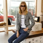 Fashion Women Autumn Casual Long Sleeve Grey Pure Cotton Lady Plaid Suit Jacket