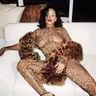 Long Women A4367 Hot Sale O Neck See Through Mesh Leopard Long Sleeve Women Fashion Jumpsuit