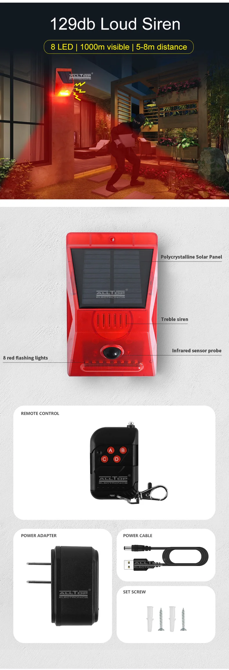 ALLTOP Supplier Hot On Sell Solar Alarm Warning Light With Remote Controlled Home Security Alarm Light