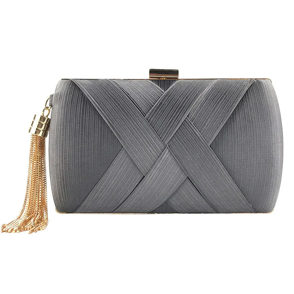 product-New Arrival Silk Satin Metal Tassel Lady luxury evening clutch bags chain wedding party mone-1