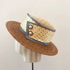 Fashional flat-topped women straw hat with wave dots for spring and summer