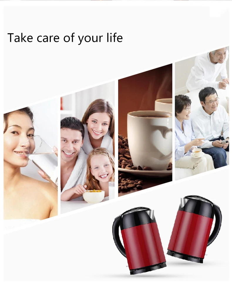 red household stainless steel electric kettle double wall 2.0L water kettles auto shut off water boiler