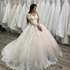 2019 Illusion Handmade Flower Lace Applique Beading Ball Gown Wedding Dress